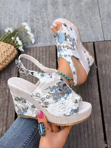 Women's Thick Sole Wedge Heeled Sandals, Textile Upper Material, Rubber Sole, All-Over Boho Style, Less Than Ankle Height, Fashionable Design