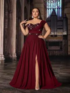 Plus Size Burgundy One-Shoulder Chiffon Evening Gown, Sequin Bodice High Slit Formal Evening Dress for Wedding Guest & Prom