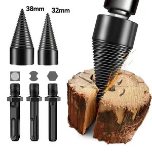 Firewood Log Splitter Drill Bit Set–Heavy Duty Carbon Steel Wood Splitting Cone with Round/Hex/Square Shank–Safe, Efficient and Easy to Use for Fireplace, Camping, Home Heating, and Outdoor Wood Cutting