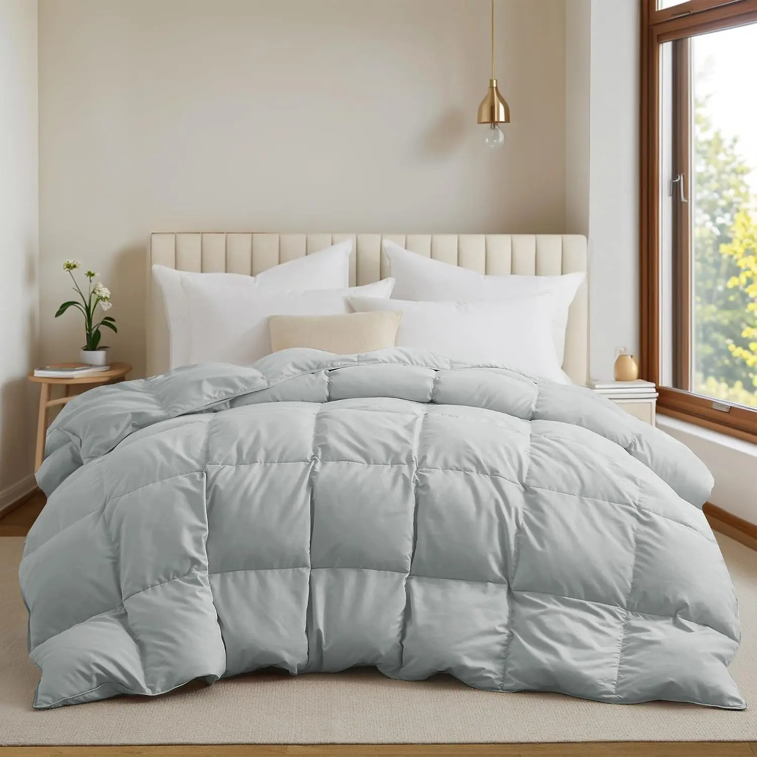 King Size Goose Feather Down Fiber Comforter, All Season Duvet Insert with Soft Downproof Cover, Cloud-Like Bed Comforter with Corner Tabs (Light Gray, 88" X 104")