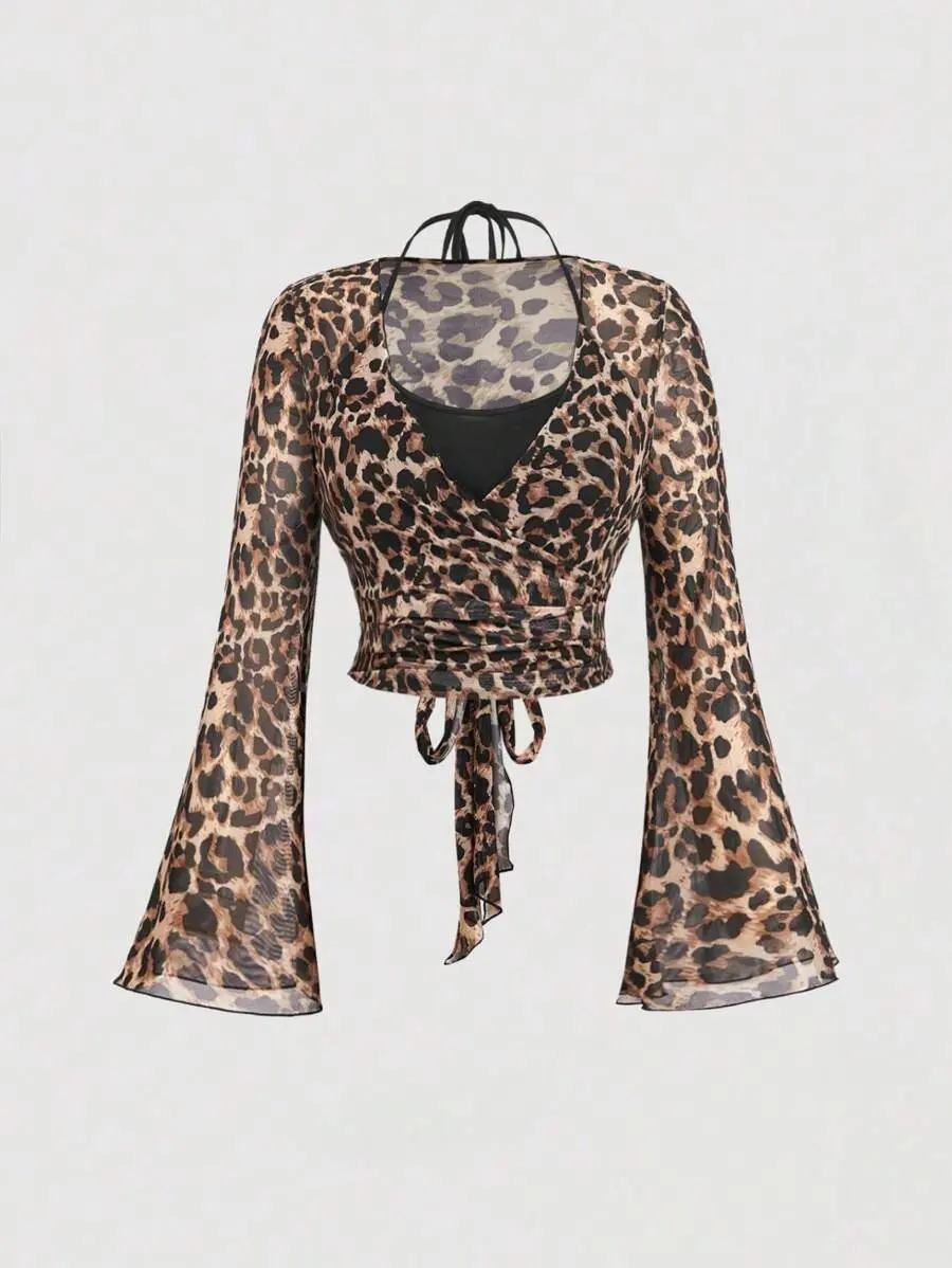 Plus Size Leopard Print Mesh Criss-Cross Wrap Top With Flare Sleeves,Leopard Shirt,Leopard Costume,Long Sleeve Costume,Fall Women Outfits