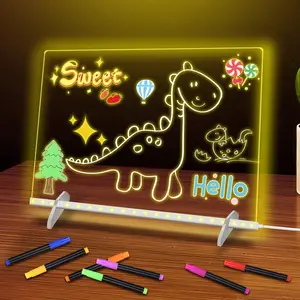 LED Note Board with Colors 13.7"x10" 4 Modes 7 Markers Acrylic Dry Erase Boards with Light Adapter Hanging Chain for Kids with Stand Spray Bottle Dynamic Lighting Durable Surface