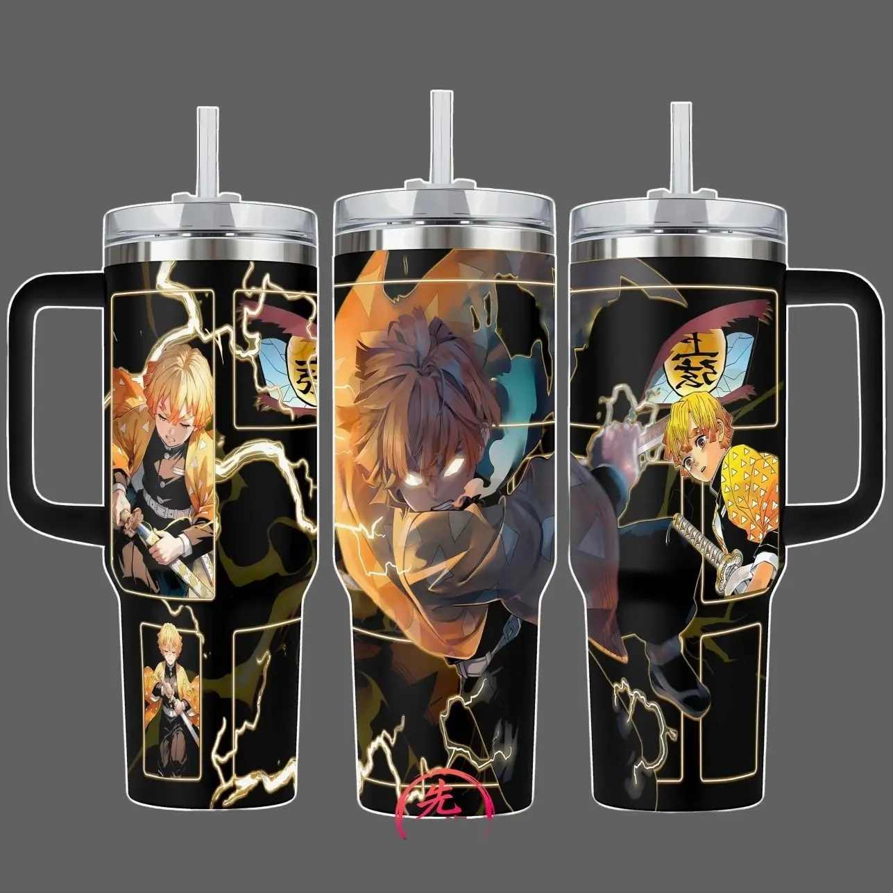 Zenitsu Agatsuma Demon Slayer Thunder Breathing Stainless Steel Insulated Travel Tumbler With Handle 20oz 40oz Anime Lightning Wrap Design Skinny Tumbler