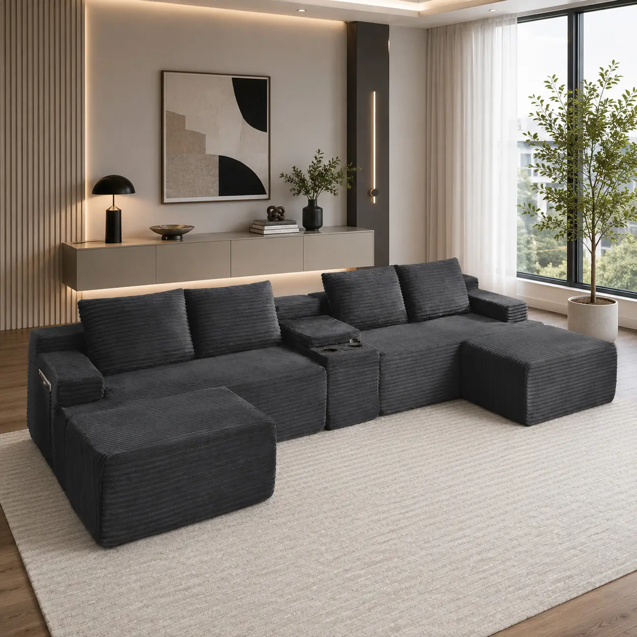 140" Oversized U-Shaped Cloud Modular Sectional Sofa Set for Living Room, Gaming Rooms, Watch Party, Dorms - Comfy Fluffy Corduroy Grey Boneless Couch for 3-4 People with Chaise, Cup Holder, Storage Console, Anti-Slip Bottom