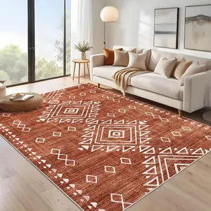【GARVEE】Machine Washable Area Rug 10x13 Large Living Room Rug Vintage Rug Tribal Geometric Distressed Carpet Ultra-Soft  Non Slip Low Pile Thin Floor Cover for Bedroom Kitchen Farmhouse Office Orange