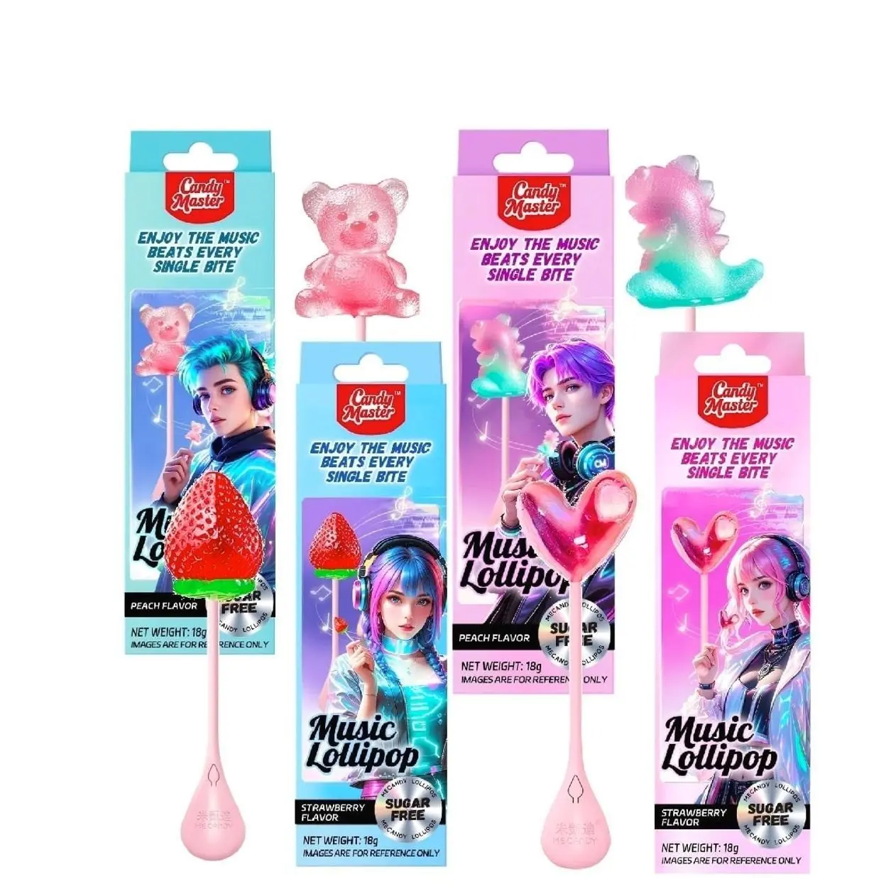 Candy Master 4D Music Lollipop 4D design shaped in Bear,Strawberry,Dinasour,Love Heart Fruity Flavor,Strawberry,White peach sugar free singing lollipop