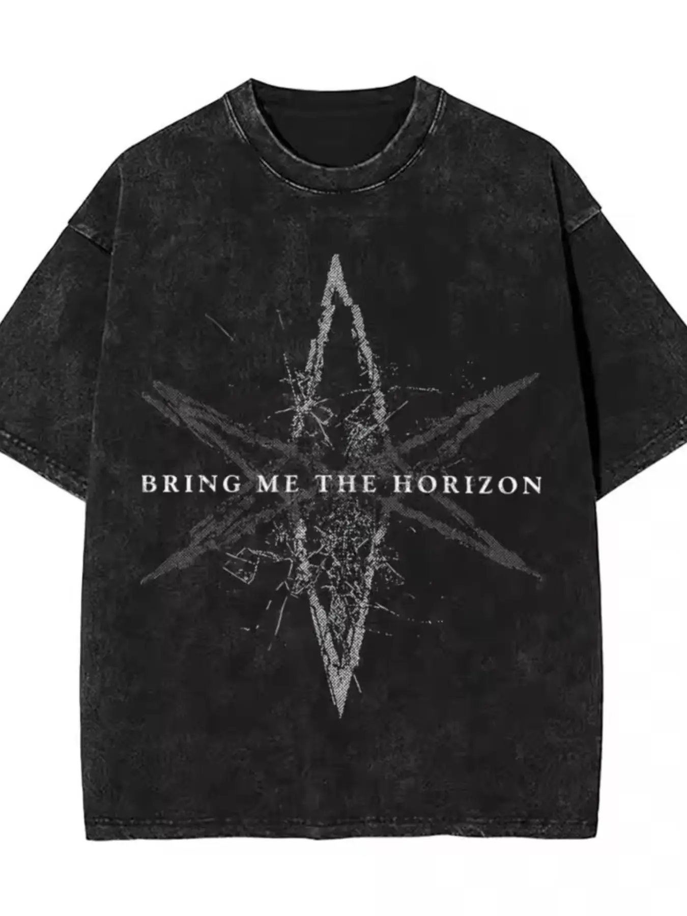 Bring Me the Horizon Pentagram Vintage Washed Print Long T-shirt | Metal Core Band Surrounding Retro Short Sleeves | American Street Rock Style Loose Shoulder Outfit