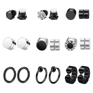 OIDEA 9 Pairs Magnetic Earrings for Men No Piercing Stainless Steel Black CZ Magnetic Stud Earrings Set Women Black Silver