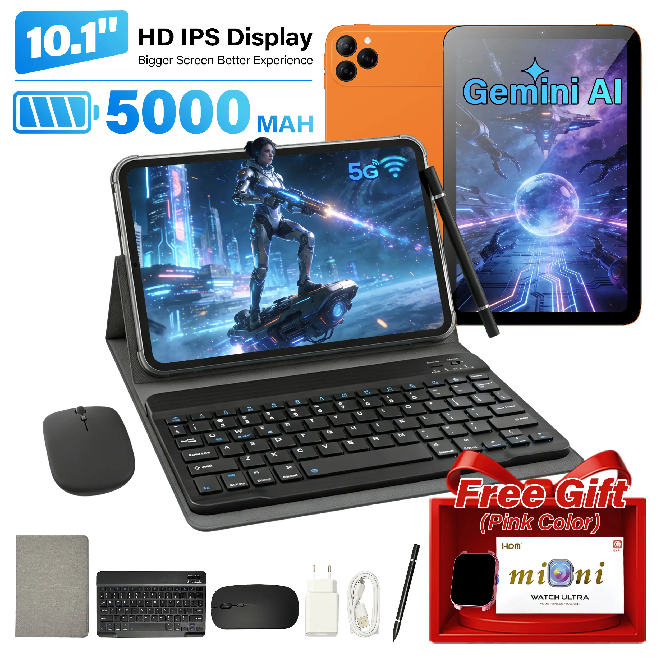 [Watch Bundle] 10.1" HD Display Android Tablet Bundle, WiFi & SIM Supported, Home Tablet for Streaming, Reading & Browsing w/ Keyboard, Mouse, Stylus Set