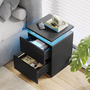 AOXUN Nightstand Set of 2 with LED Lights,  Bedside Table, 2 Storage Drawers, Compact Design for Bedroom, Modern Finish