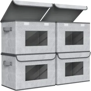 Fabric Foldable Storage Boxes [4-Pack] Large Collapsible Stackable Storage Bins with Lids, Closet Organizers and Storage Cube Basket for Home, Office, Bedroom (Gray, 17“ x 12” x 12")