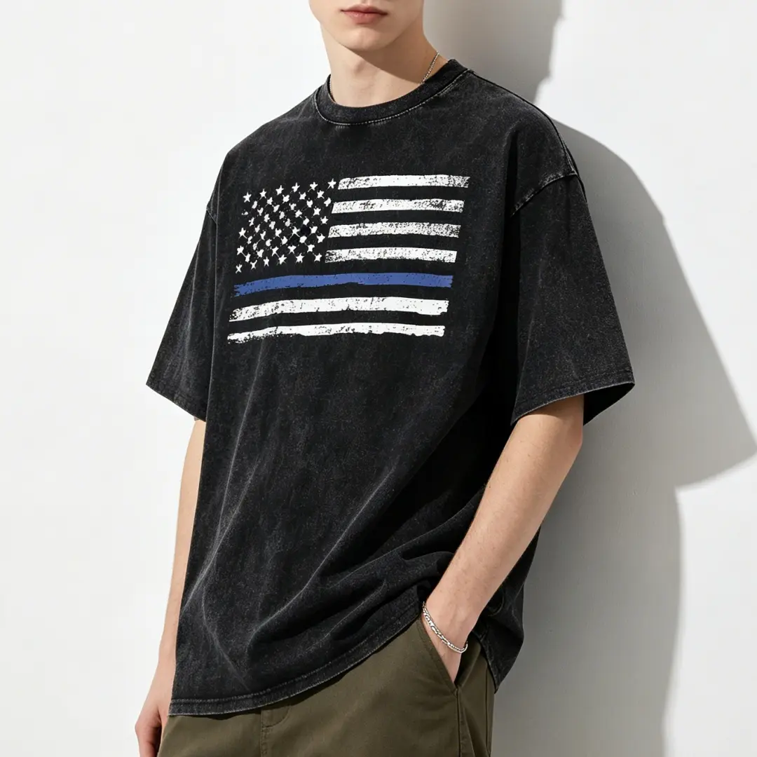 Men's Menswear Shortleeve T-Shirt - Thin Blue Line American Country Flag, Oversized Vintage Washed Heavyweight Cotton Police Support Top, Shortsleeve, Country Flag Graphic Men's Short-Sleeve T-Shirts, Thin Blue Line Graphic Men's Short-Sleeve T-Shirts