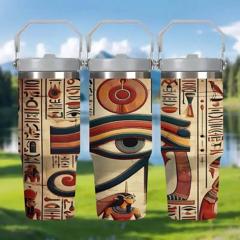 Vintage Gilded Ancient Egyptian Themed Insulated Stainless Steel Tumbler with Handle & Straw - Multiple Patterns Vacuum Flask, Perfect for Outdoors, Holiday Gift, Flasks