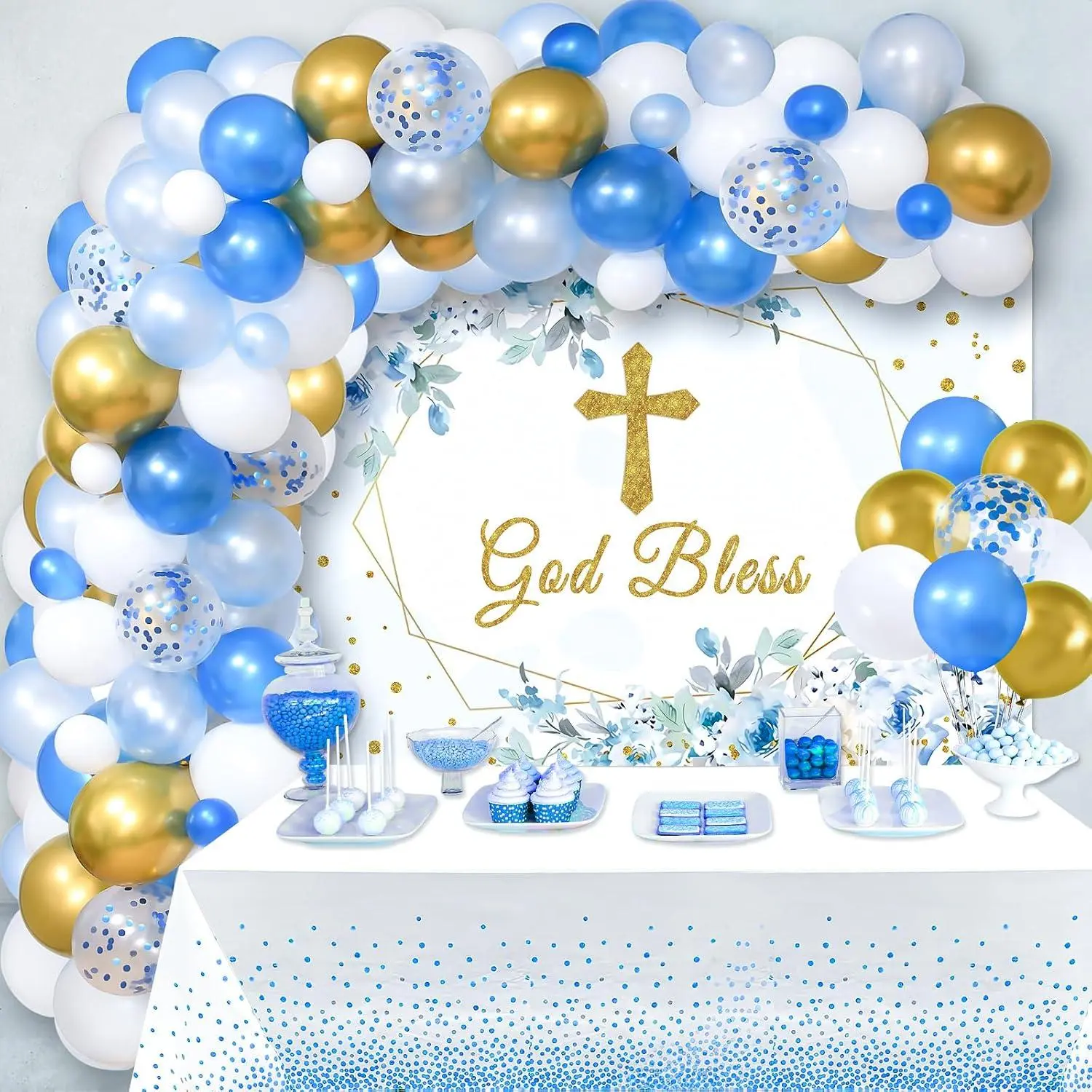 Baptism Decorations For Boys Girls First Communion Decorations God Bless Backdrop Tablecloth Blue Balloon Garland Arch Kit 1St Birthday Baby Shower Confirmation Decorations Bautizo Decorations