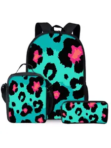 Leopard print backpack three piece set including lunch bag and pencil case
