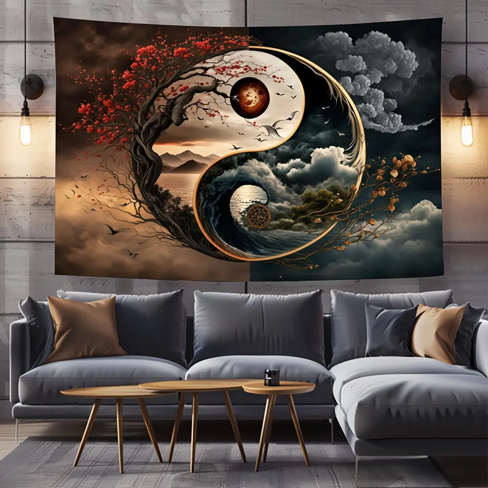 Traditional Yin Yang Tai Chi Rectangular Tapestry - Polyurethane Fabric Room Art for Home, Office, Meditation Space - No Electricity Required Non-Feathered Decor - Yoga Essential - Home Inspo Gift for Decor Lovers