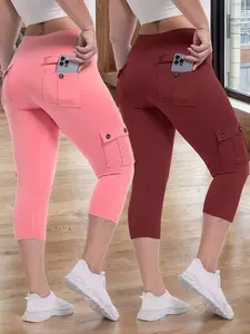 2pcs High Waist Yoga Capri Pants Set, 4-Way Stretch Butt Lifting Tummy Control, 4 Button Pockets, Spandex Material, Solid Color, Three-Quarter Length, Sports Style for Workout Running, Spring/Summer Collection, JEGGE Brand, Workout Leggings | Highwaist Pa