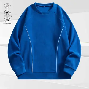 A blue crew neck sweatshirt, leaning towards a casual and simple style, with a bright blue main body that catches the eye visually. The garment features white line decoration, adding design and detail layers, breaking away from the monotony of solid color