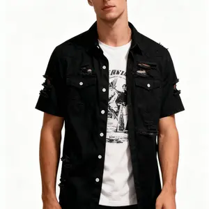 BINDEFON Men's Ripped Short Sleeve Denim Shirt Button Front Dual Pocket Casual All-Season Menswear Outfit Cloth Christmas New Year Look