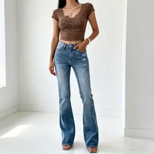 High Stretch Bootcut Jeans for Outdoor - New temperament WISH versatile slimming mid waist washed slightly flared denim pants for women's fashion