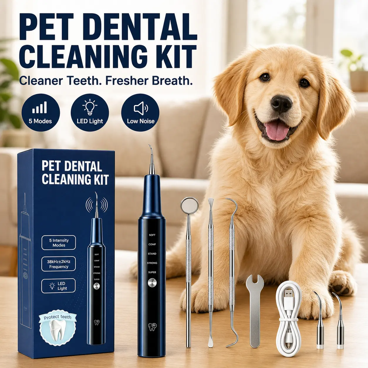 SmartWell Pet Ultrasonic Tooth Cleaner Dog Dental Cleaning Kit With LED Light 5 Modes Type C Rechargeable Tool For Visible Plaque And Tartar Buildup Care For Dogs And Cats At Home