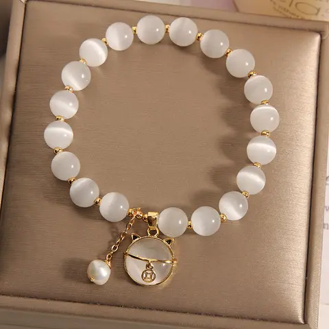 Exquisite Opal Beaded Fashion Bracelet With Delicate Cat Pendant, Perfect Accessory For Men And Women, Ideal For Daily Wear Or Special Occasions, Bohemian Women Elegant Lucky Cat Pendant Elastic Bracelets Fashion Light Luxury Jewelry Girls