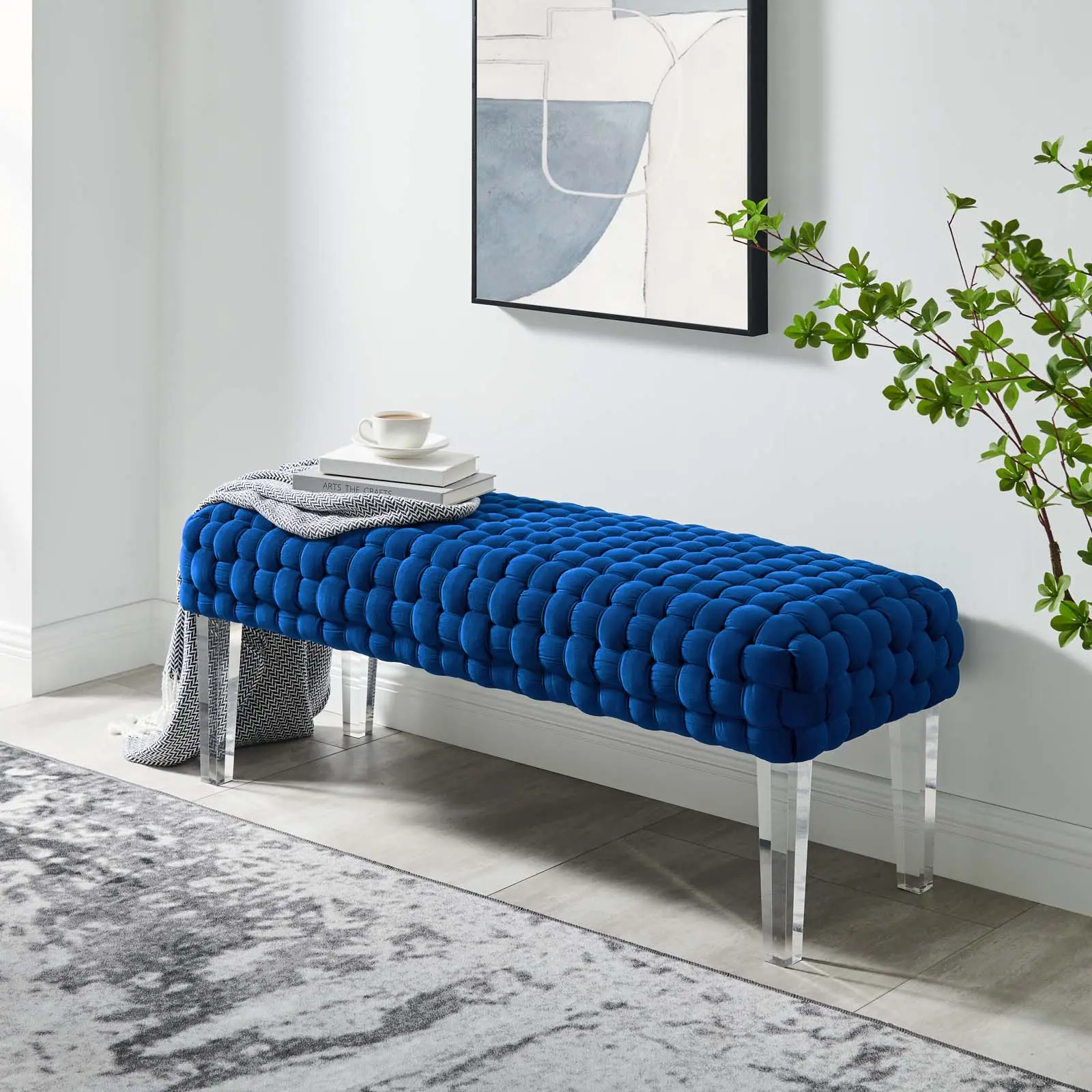 Modway Elegant Stylish Legged Prologue Woven Performance Velvet Ottoman, Indoor Furniture Stool & Bench, Navy