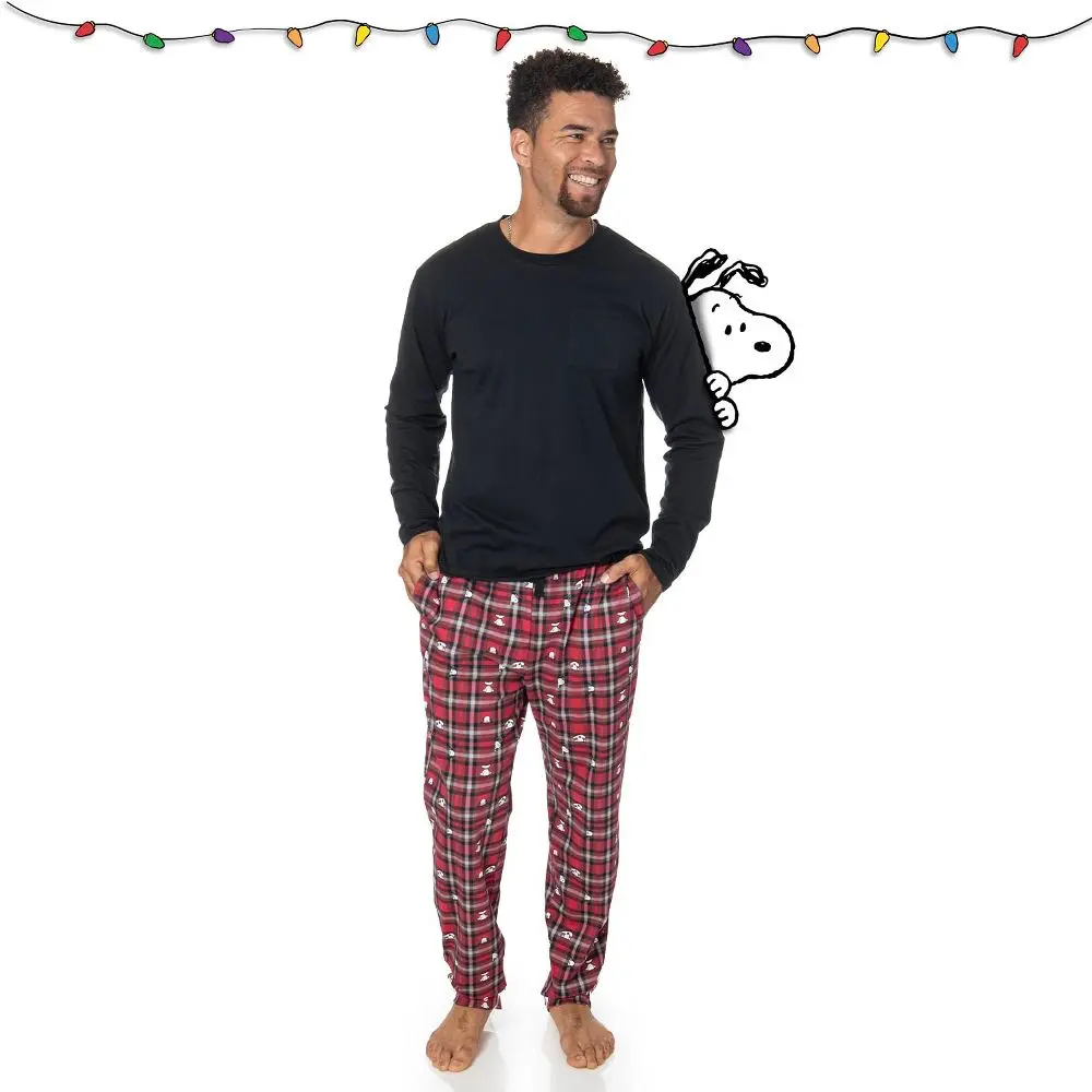 Mens' Cotton Snoopy Family Matching Pajamas 2-Piece Sets for Christmas with Woodstock Charlie Brown Linus Gift for him (Red Plaid XL) - PEANUTS