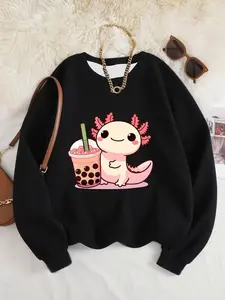 Girls Mexican Axolotl Pattern Printed Crewneck Sweatshirt, Soft Polyester Long Sleeve Casual Pullover for Autumn Winter, Perfect Gift for Birthdays and School