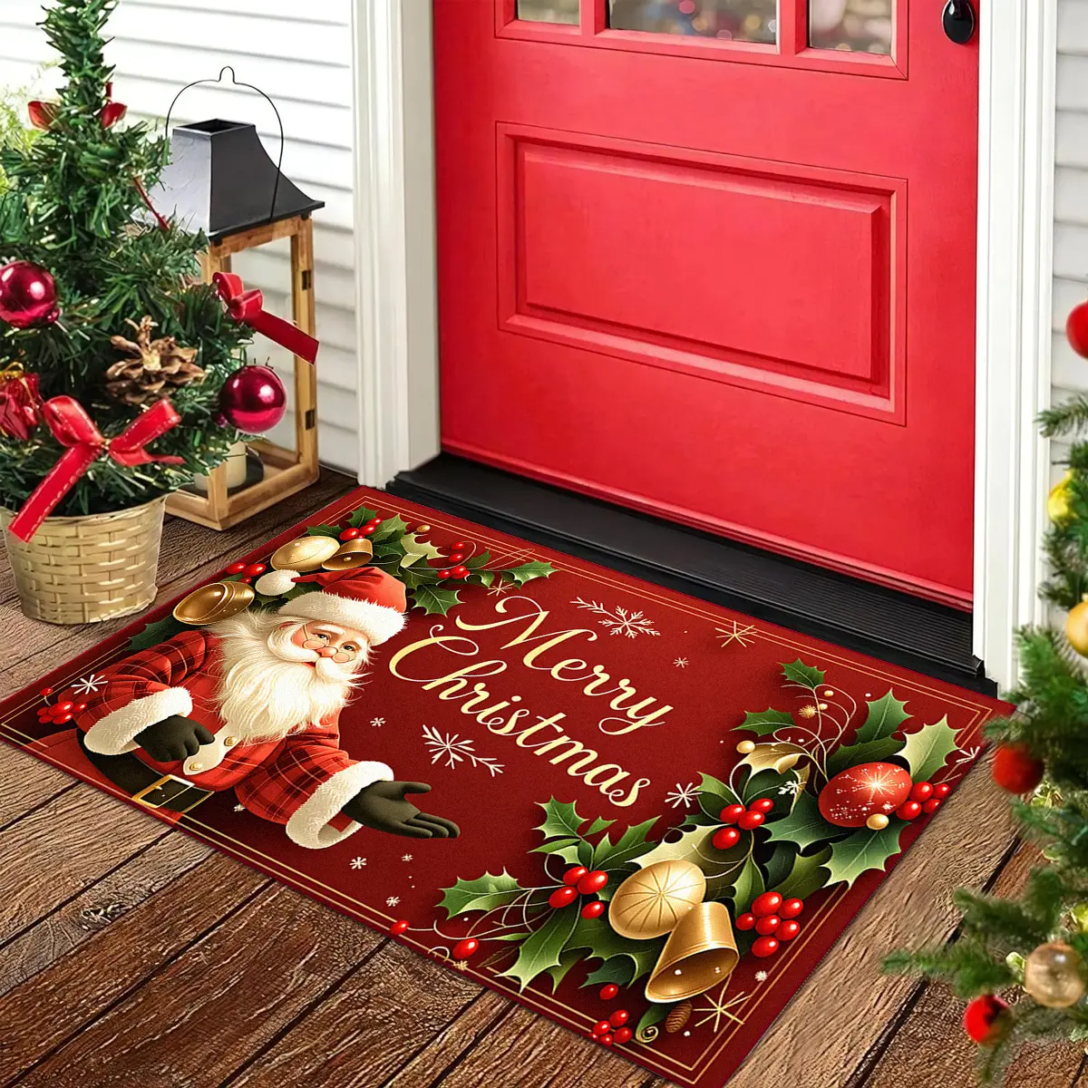 Christmas welcome rug, doormat, Home Decorative Rug, Christmas-themed rug decorated with Santa Claus & holiday elements, soft, washable, foldable, Christmas gift, Christmas home décor, entryways, kitchens, living room, bathrooms, indoor & outdoor areas