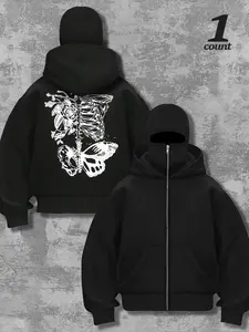 Women's Stylish Bone Balaclava Hooded Sweatshirt with Double Neck and Hoods, Casual Fitted Pullover for Fall & Winter Fashion, Printed