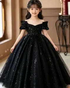 New(New)Elegant girls summer dress long sleepveless non-stretch solid color princess dress with contrast sequin, for little girls, wedding, party