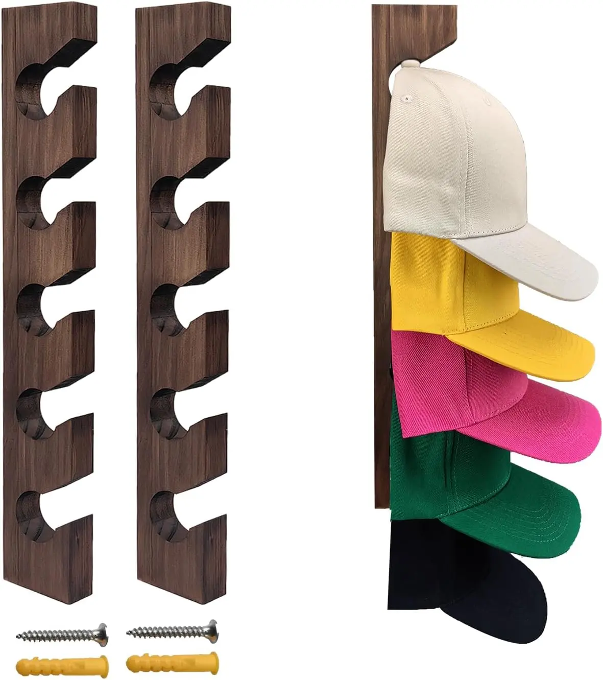 Wall-Mounted Hat Organizer 2 PCS Wooden Hat Holder with 5 Hooks for Baseball Caps Compact Design Easy Installation & Versatile Use for Cap Collection Display - Decor