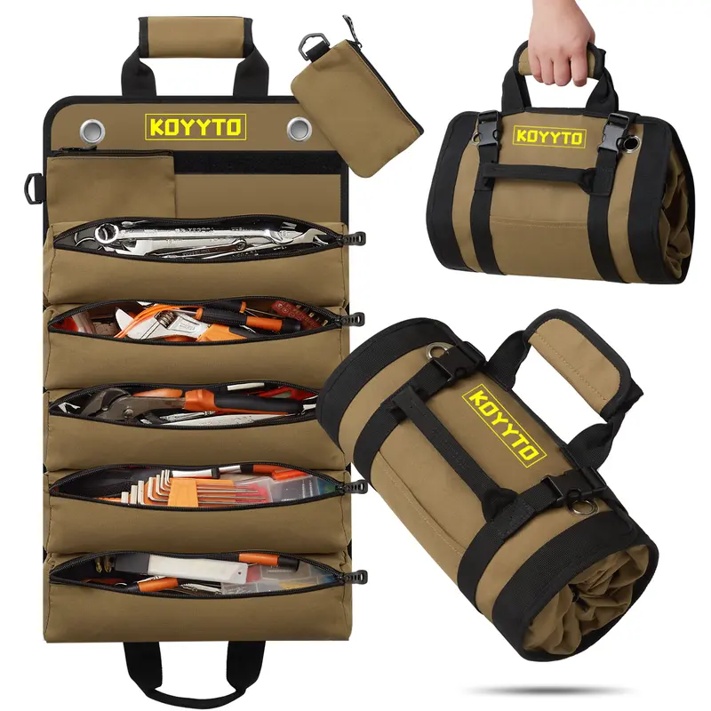 KOYYTO Premium Roll Up Tool Bag - Heavy Duty Compact & Space-Saving Tool Storage Kit with 5 Zip Pockets, Detachable Pouches, Waterproof Oxford Cloth, Rust-Proof Zippers, Fast Access, Work Accessories, Guys Gifts for Craftsmen, Ideal for Outdoor Work