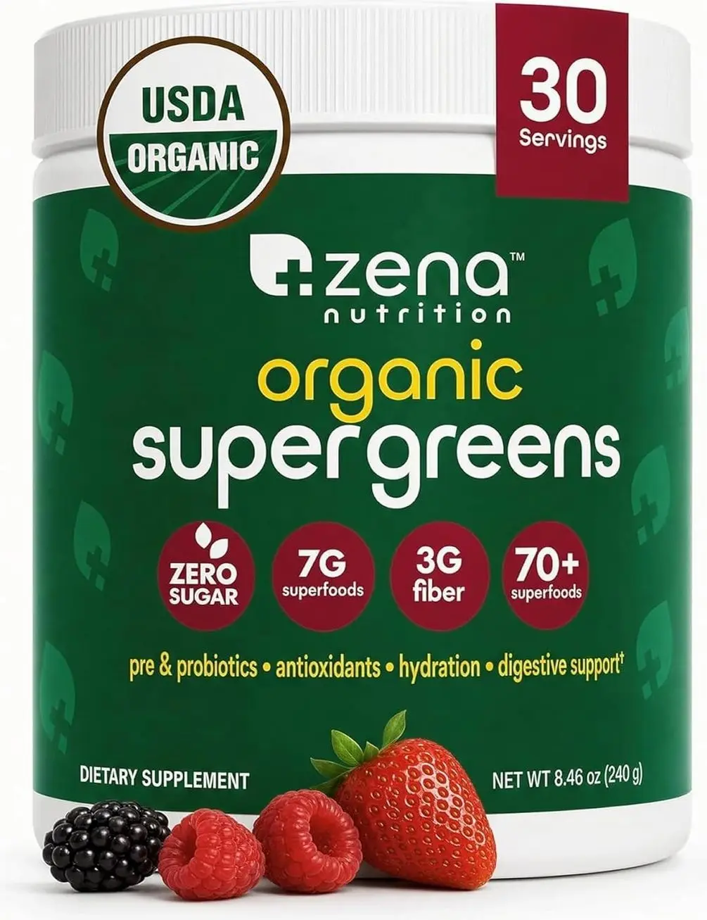 Organic Super Greens Powder, 70+ Superfoods, 0 Sugar, 3G Fiber, Spirulina, Chlorella, Antioxidants, Prebiotics/Probiotics, Digestive Enzymes, Mixed Berry, 30 Servings
