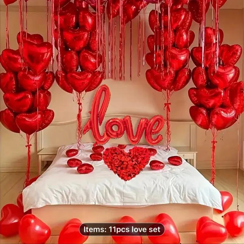11pcs Red 'Connected Letter love' Balloon Set with 18 Inch Heart-Shaped Red-Hearted Rose Petal Balloons Aluminum Foil for Valentine's Day Party Proposal Wedding Anniversary Decorations