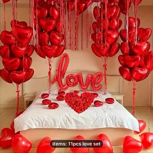 11pcs Red 'Connected Letter love' Balloon Set with 18 Inch Heart-Shaped Red-Hearted Rose Petal Balloons Aluminum Foil for Valentine's Day Party Proposal Wedding Anniversary Decorations