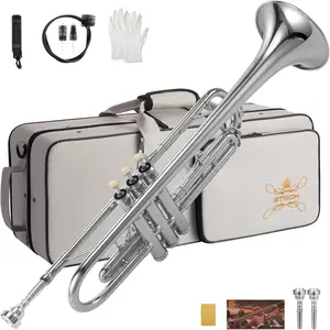 STRICH Bb Standard Trumpet Set for Beginners, Brass Student Trumpet Instrument with Hard Case, Cleaning Kit, 7C & 3C Mouthpieces, Gloves - STR-1S, Silver
