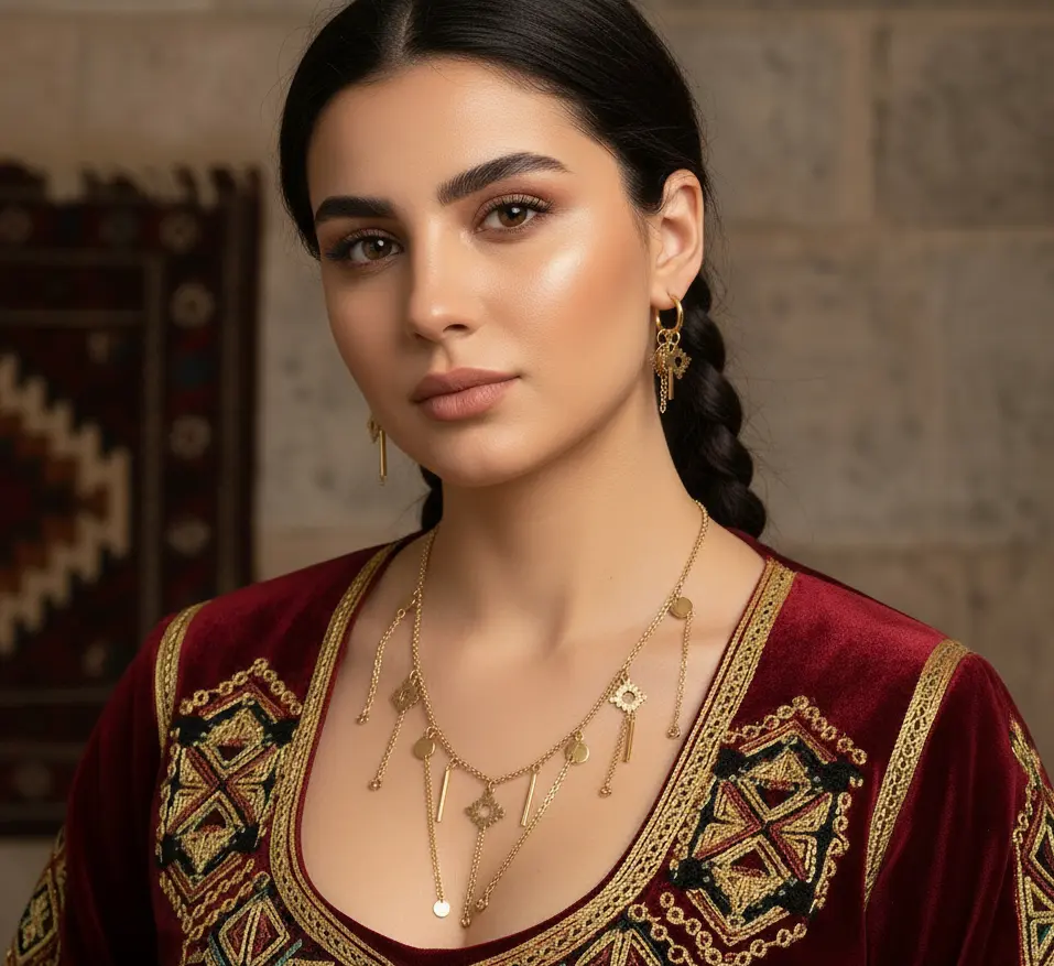 Abgaryan ART Handmade Traditional Armenian Unisex Baroque Jewelry Set - Artisanal, Customizable, Ethnic-Inspired, Folk, Gold-Colored, Hoop Earrings, Beaded Design, Made-to-Order for Weddings, Artisanal Jewelry Sets, Customizable Jewelry Sets