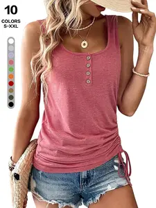 2026 Spring Summer Women's Henley Tank Top, U-Neck Sleeveless Top with Buttons, Ruched Drawstring Side Casual Slim Fit Tank Shirts for Daily Wear