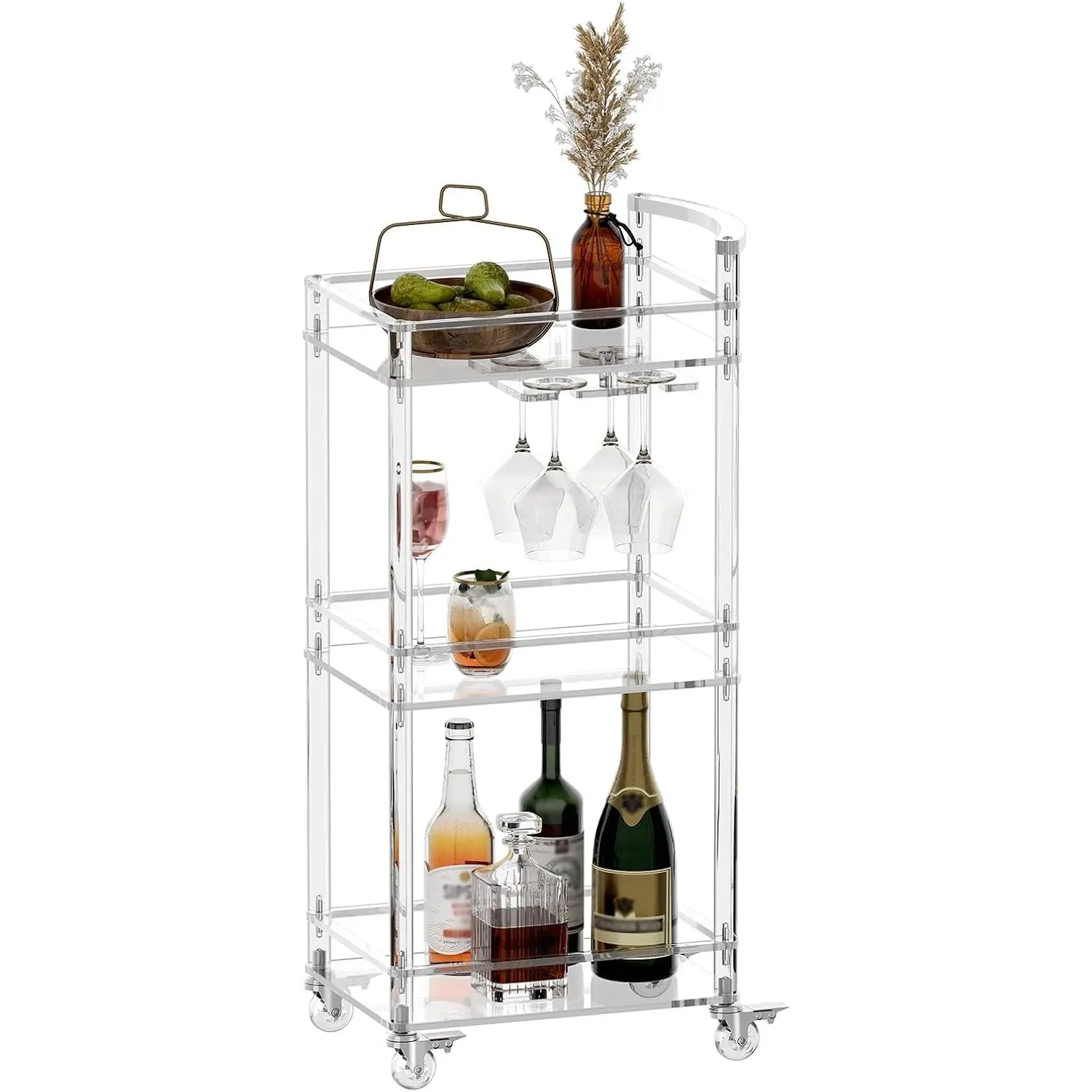 Eglaf Small Acrylic Bar cart, 3 Tier Home Bar Cart with 4 Lockable Wheels | Rolling Serving Cart with Glass Holders, Handle, for Living Room, Kitchen, Bedroom, Bar, 15.6" L x 11.6" W x 35" H