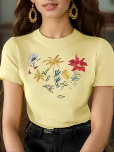 Women's Floral Embroidery Crew Neck Short Sleeve Knitted Sweater, Elegant Casual Comfy Round Neck Sweater for Summer, Ladies Clothes for Daily Wear