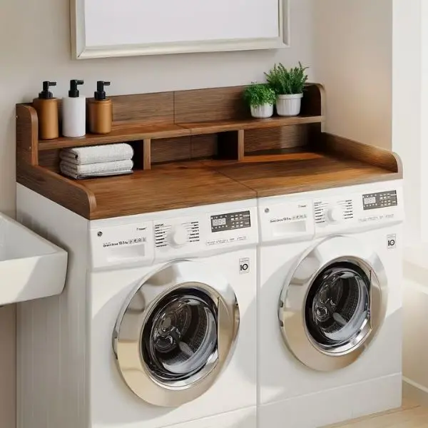 Washer Dryer Countertop Organizer, 54"x27.5" Wood Shelf Topper with Edge Guard, Double-Layer Laundry Storage Rack for Standard Washer/Dryer Units & Utility Spaces