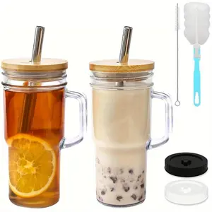2/4pcs Tumblers with Lid And Straw - 24oz, with Bamboo Lid And Straw, Travel & Away Cups, Mason Glass Cup Drinkware Set, Free Sealed Silicone Lid & Straw Cleaning Brush!, Outdoor Hydration, Leakproof Tumbler, Modern Glassware
