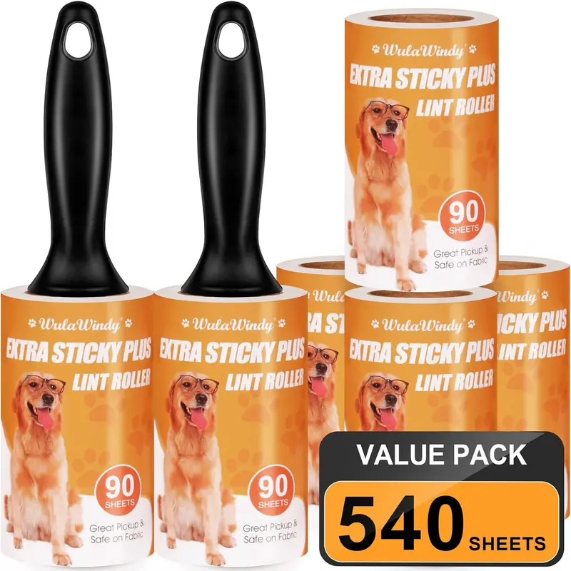 Extra Sticky Lint Roller - 360° Rotation Handle, Diagonal Cut Design, Dust & Lint Grab, Alcohol-Free Easy Peel Off, 1 Handle + 4 Refills Laundry Tool, Pet Hair Remover Home Cleaning Supply with Money Back Service