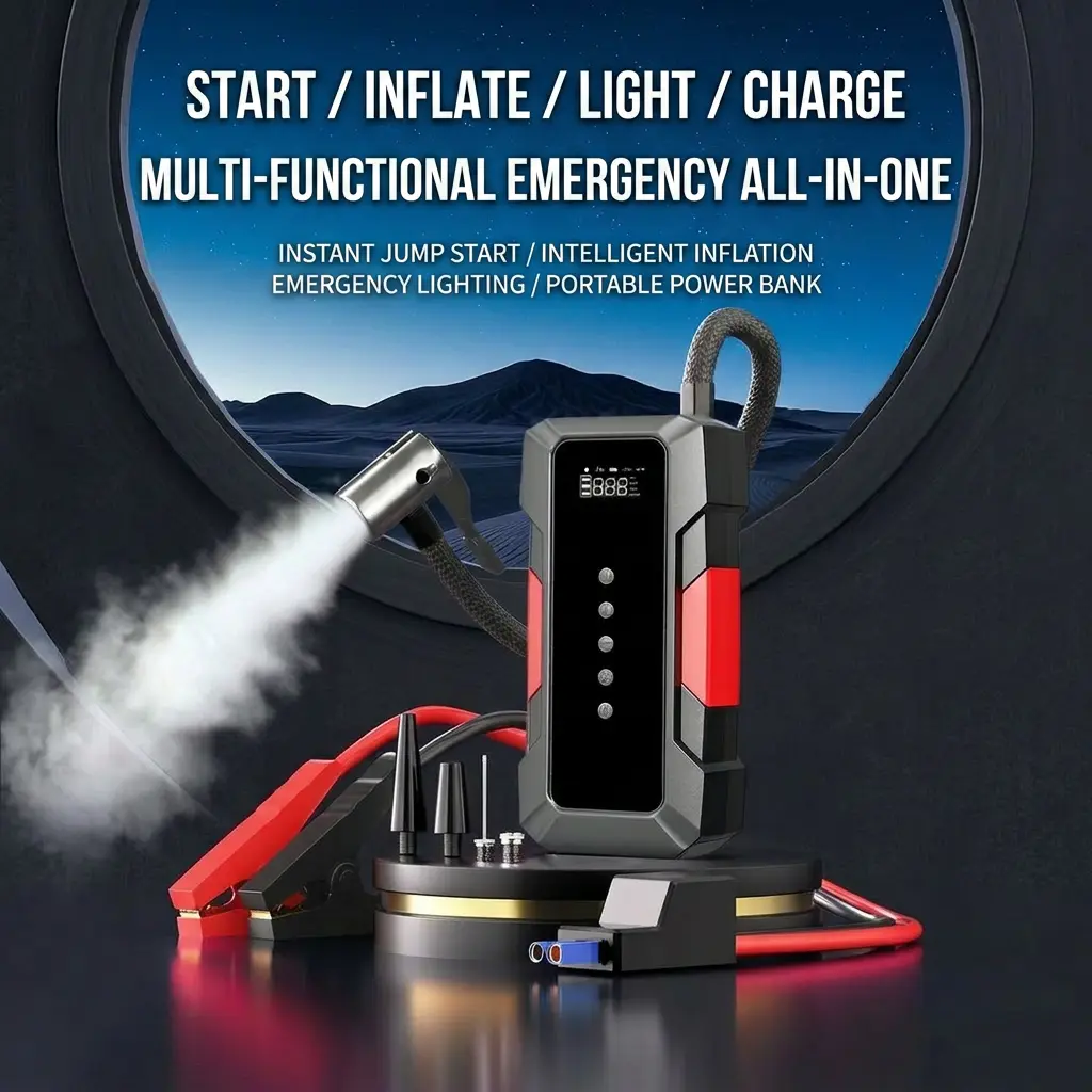 Multifunctional 12V Car Jump Starter, 6000mAh Portable Battery Booster Built-in Tire Air Compressor, HD LED Digital Display, USB Type-C Fast Charging Power Bank, Equipped with Shockproof EVA Storage Carry Case, All-in-One Auto Emergency Tool for Vehicles