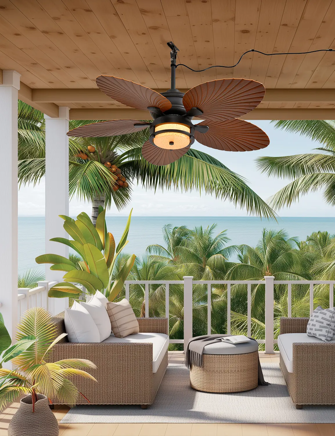Orison 52-Inch Waterproof Wet-Rated Outdoor Ceiling Fan with Lights - Bronze Finish, IP65 Rating, Tropical Palm Leaf Design, Dimmable LED, 6-Speed, Remote & Smart App Control, 2-in-1 Plug-In/Flush Mount, 10-Inch Downrod, AC Power Supply for Patio, Gazebo
