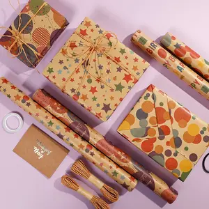 Eco-friendly Kraft Birthday Wrapping Paper, Vintage Style Gift Wrap with Balloons/Stars/Happy Birthday Letters, Rustic Party Supplies for Kids & Adults, 1 Roll