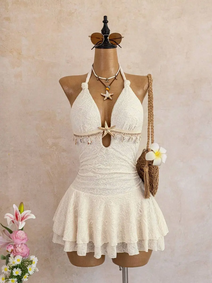 DAMIKA White Floral Summer Tropical Beach Holiday Vacation Swimsuit,Metal Starfish & Shell Decor One-Piece Swimdress,Elegant Casual Wear