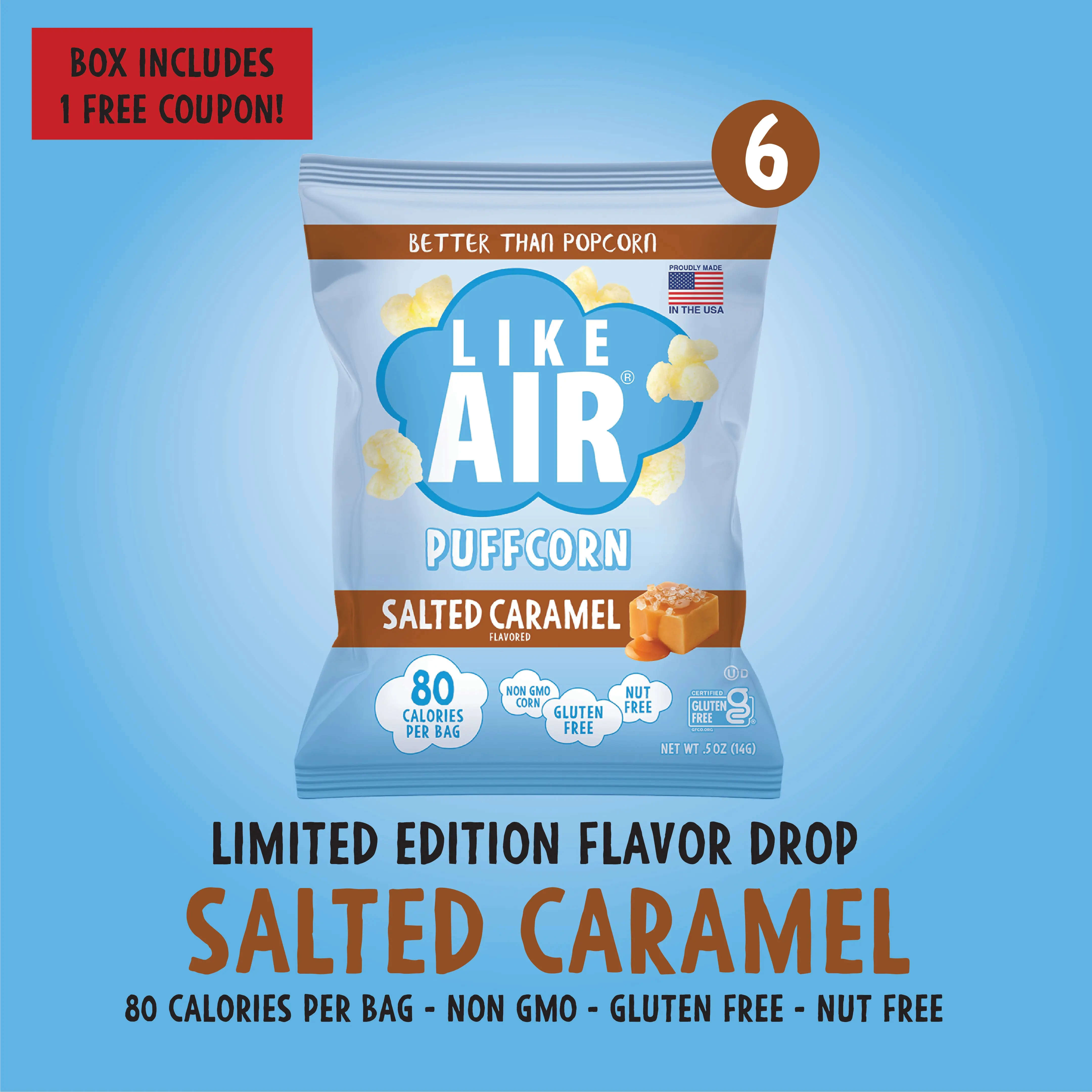 Salted Caramel Single Serve Puffcorn  - 6 bags - Like Air Puffcorn